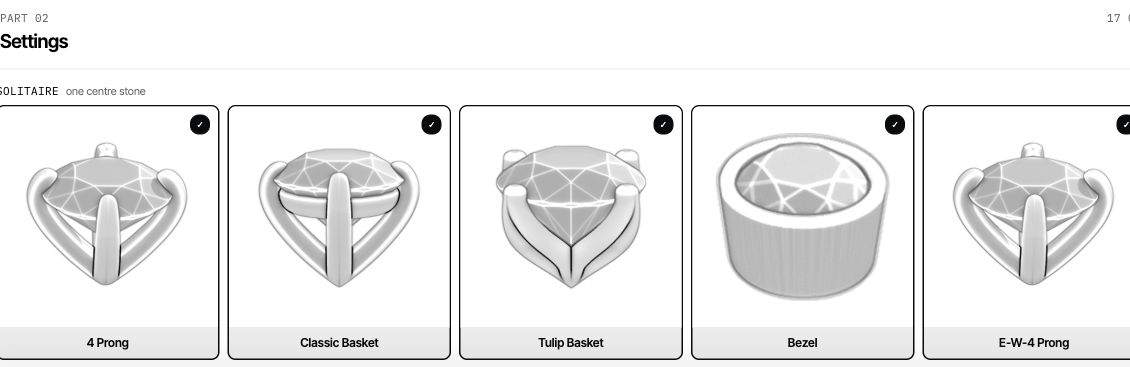 Ring Facet storefront setting selection with solitaire, halo and signature options beside the 3D ring preview.
