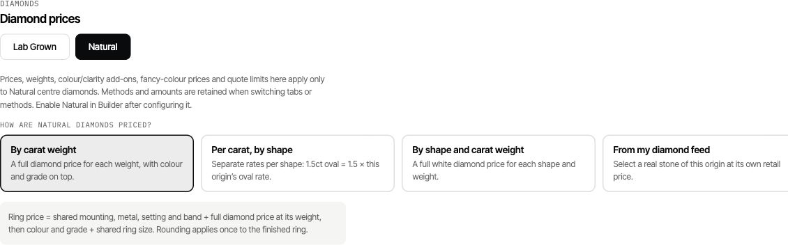 Natural diamond pricing profile with full weight prices, per-carat shape rates, shape-and-weight prices and diamond feed choices.