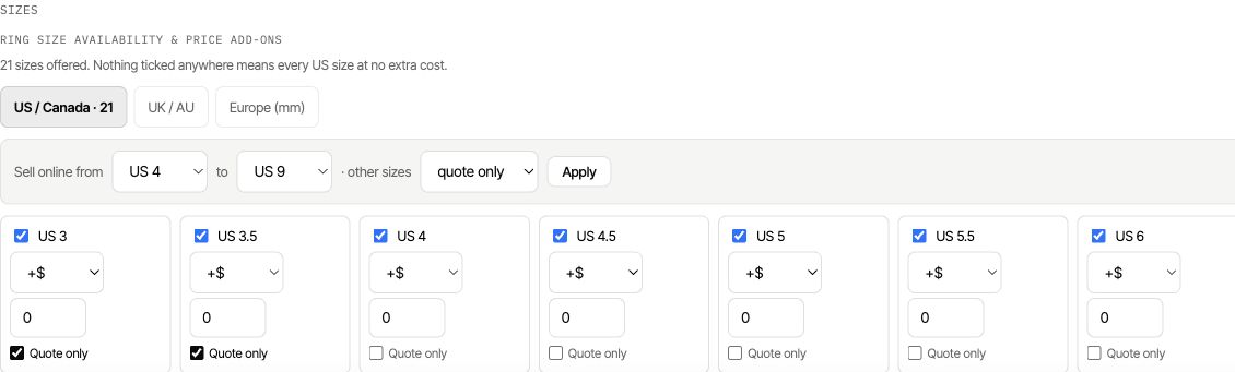 Ring size editor set to sell US sizes 4 through 9 online and mark other sizes quote only.
