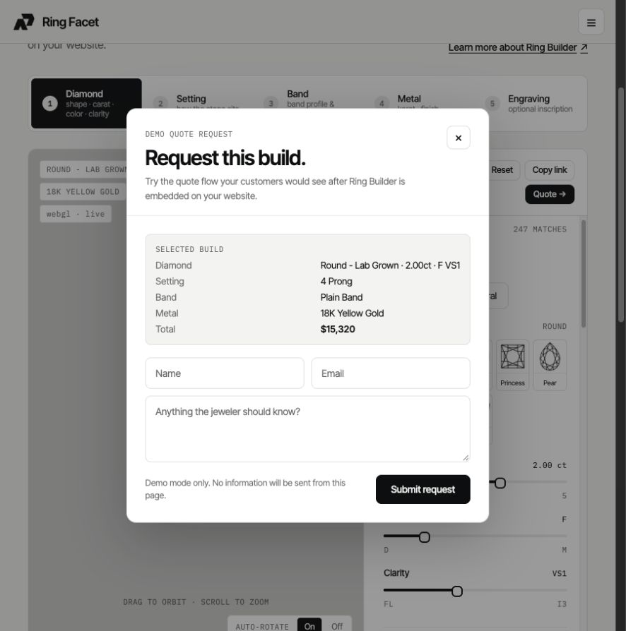 Ring Facet demo quote form showing the selected design summary and empty customer contact fields.