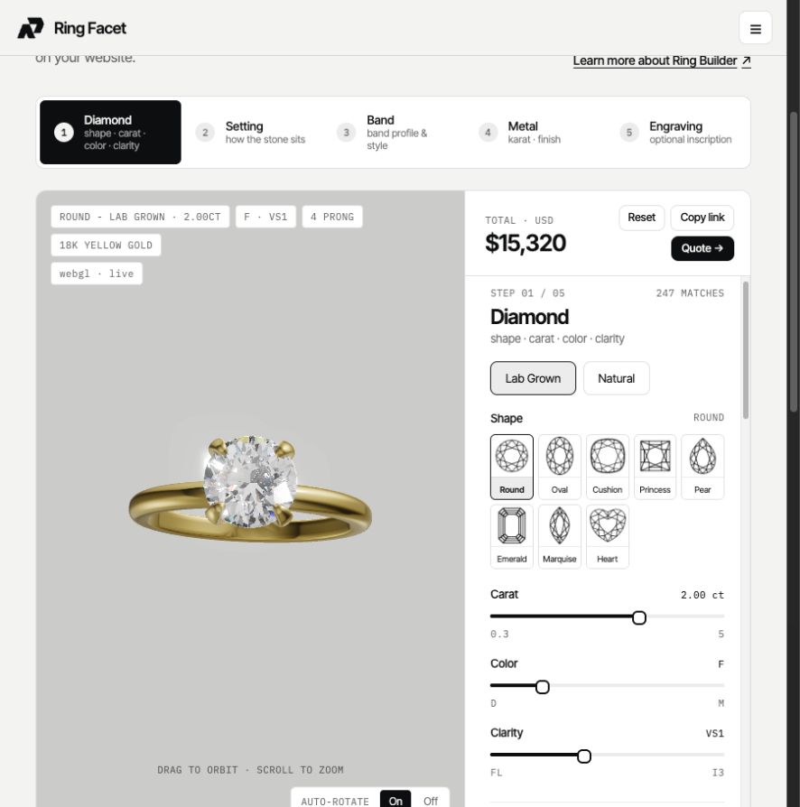Live Ring Facet ring configurator showing the 3D preview, Lab Grown diamond selection and design controls.