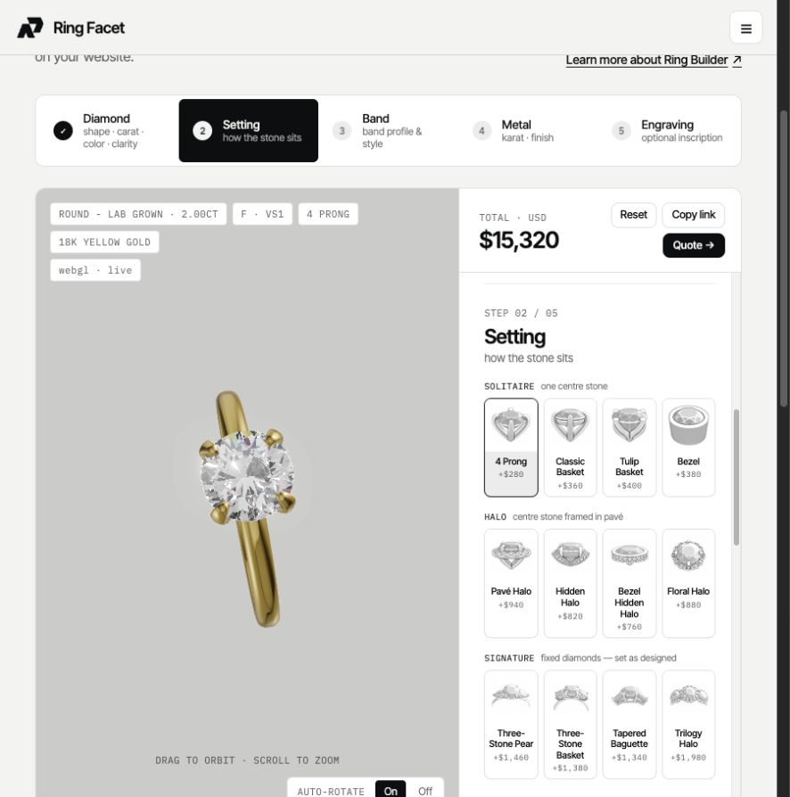 Live demo with solitaire, halo and signature setting options beside a 3D ring preview.