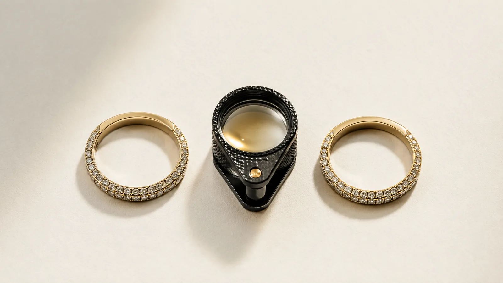 Two gold pave-set diamond bands lying either side of a jeweller's loupe