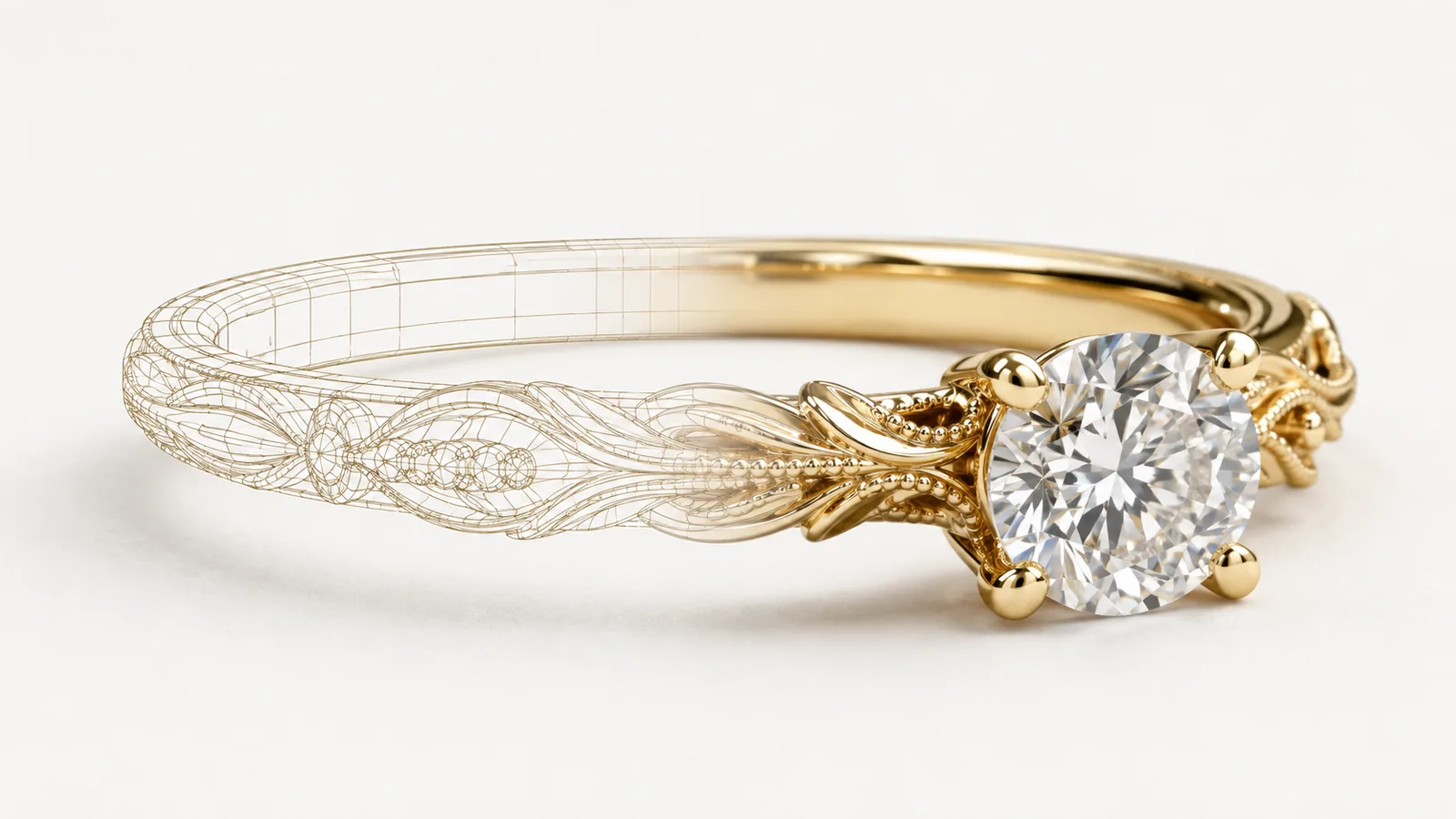 An engraved gold engagement ring drawn as line work on the left, resolving into a fully rendered ring with a set diamond on the right