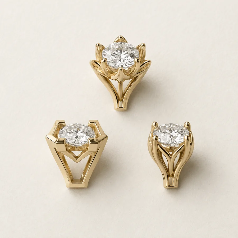 Three gold ring heads in distinct house styles, each set with a round diamond