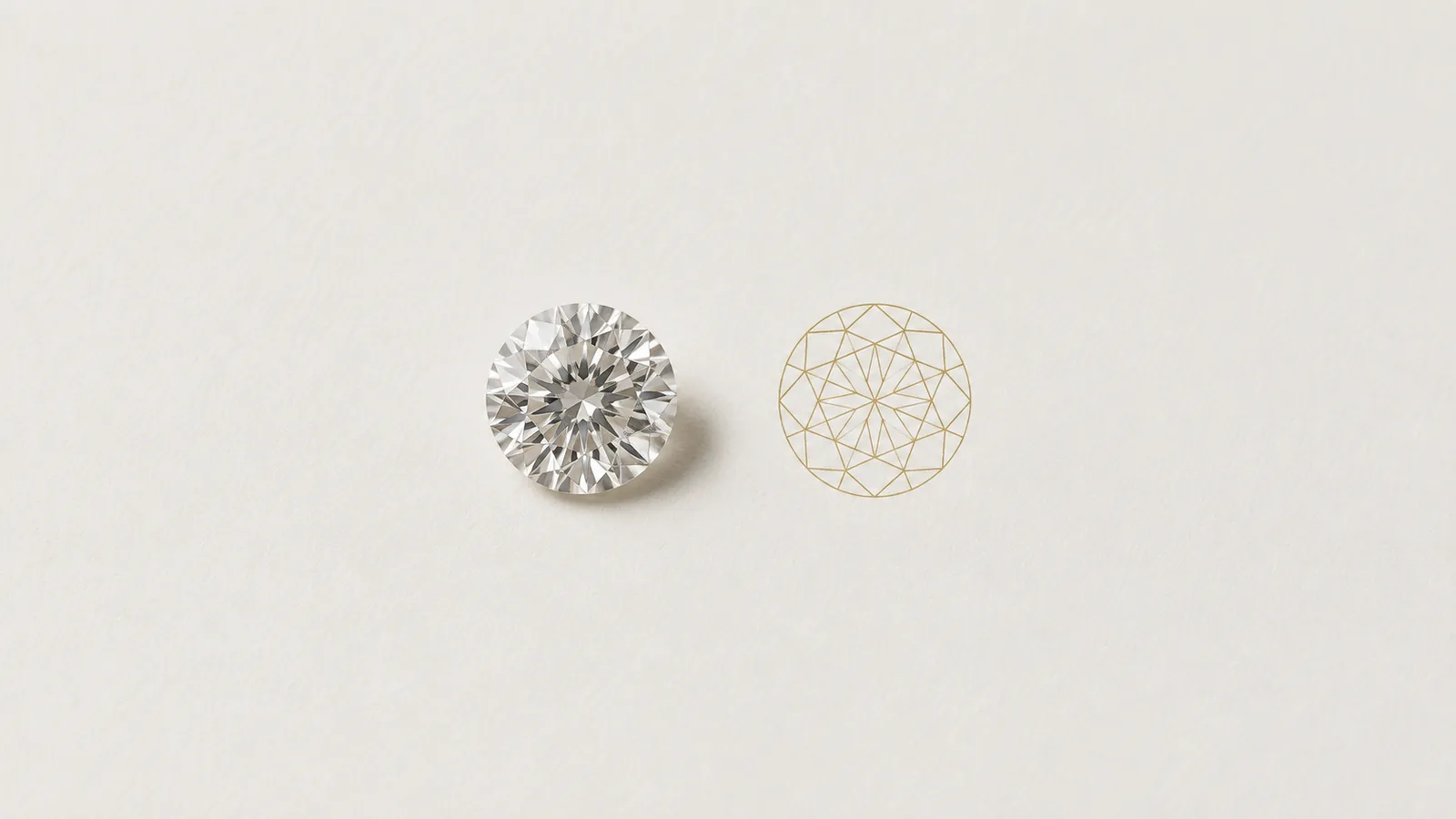 A rendered round brilliant diamond beside a second diamond drawn only as a gold outline