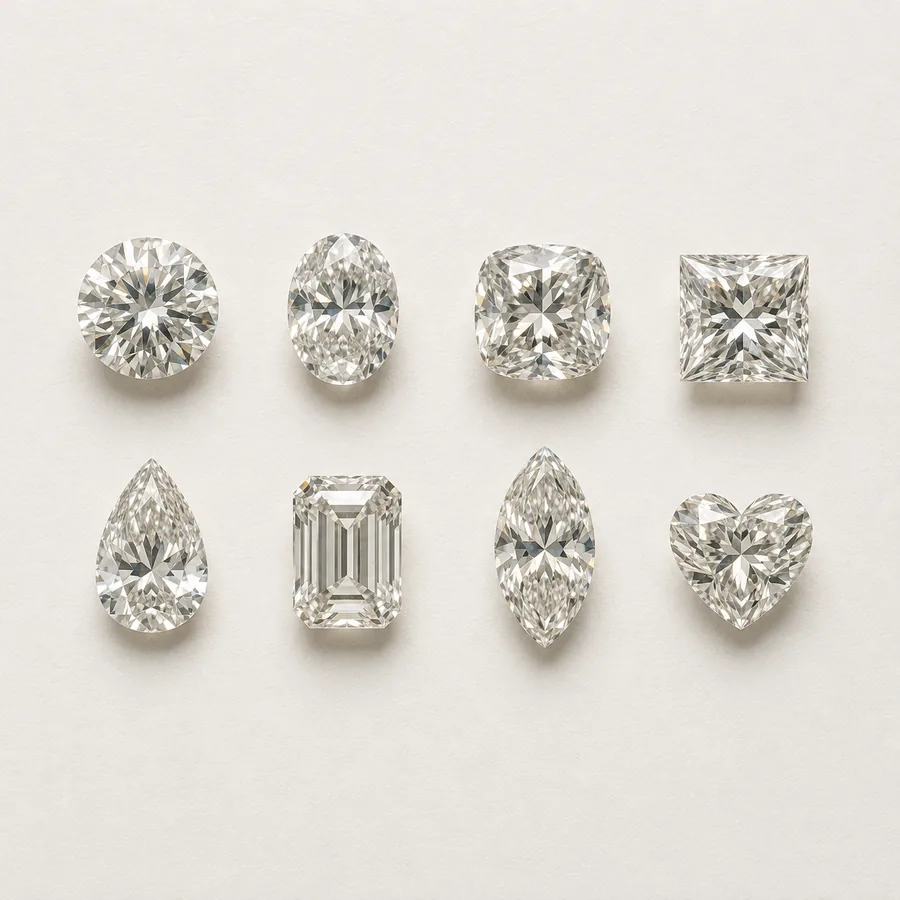 Eight loose diamonds in two rows showing round, oval, cushion, princess, pear, emerald, marquise and heart cuts