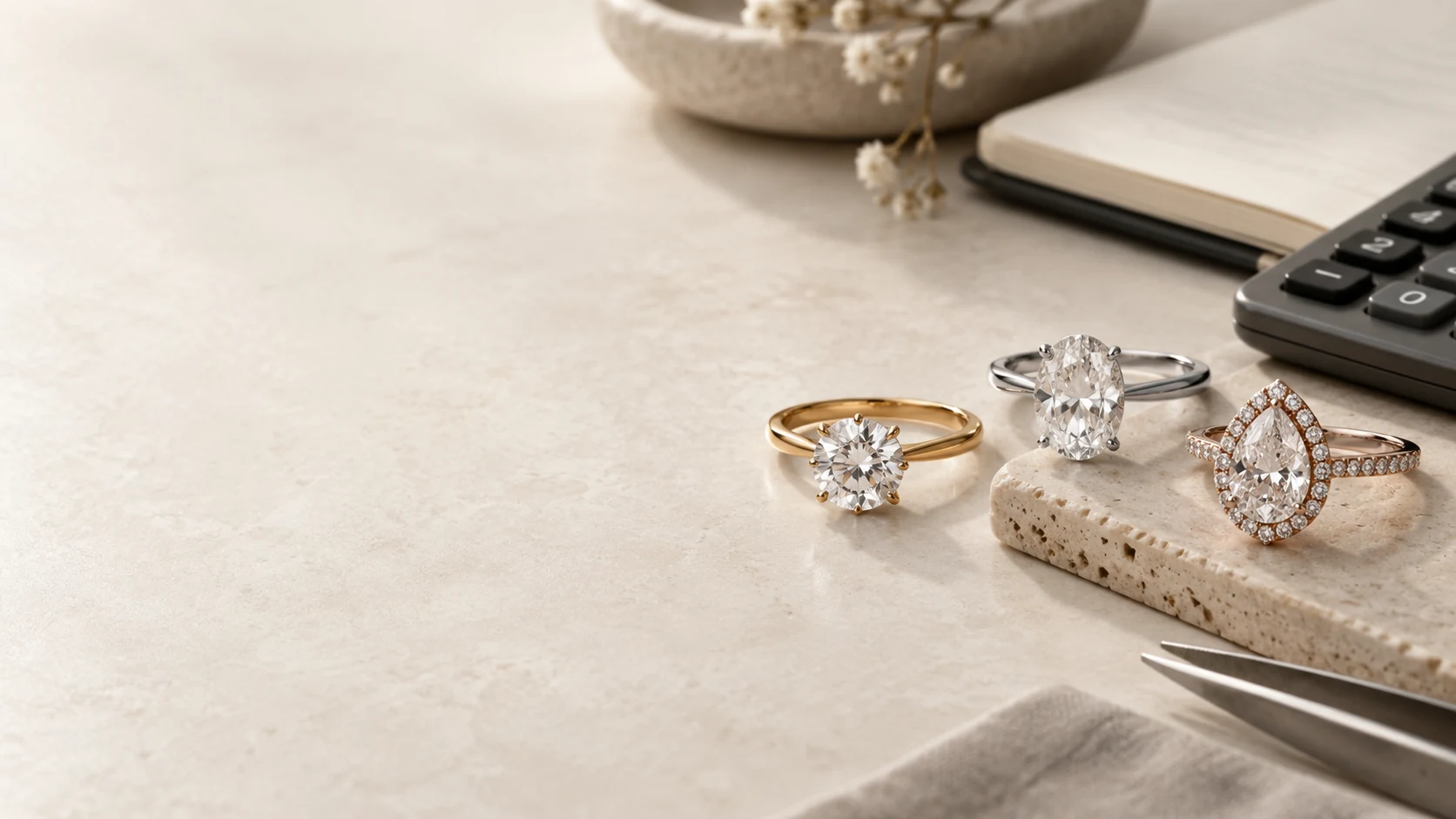 Three engagement rings in different metals beside a calculator and notebook.
