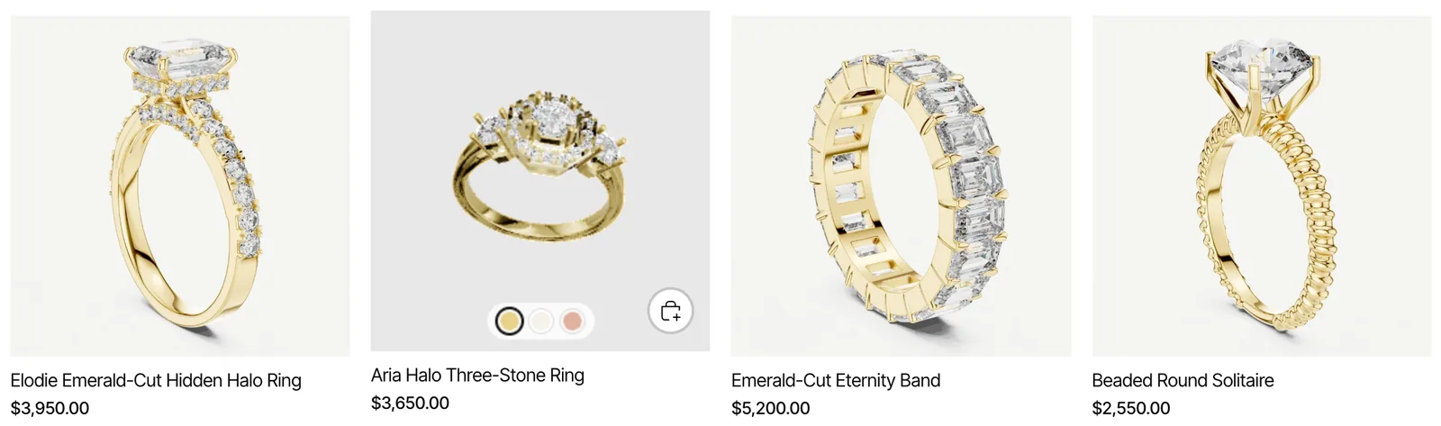 The demo store's Rings collection: four product cards, the second one showing its interactive 3D model with yellow, white and rose metal switches