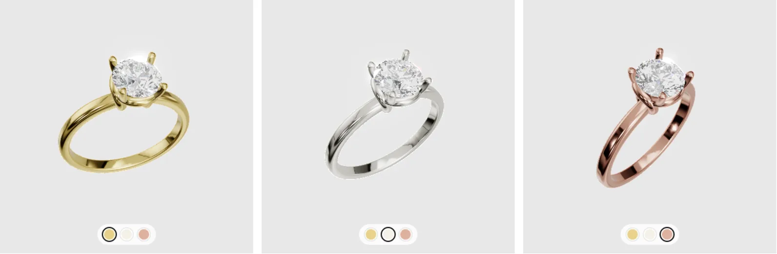 The same 3D model after picking 14K Yellow Gold, 14K White Gold and 14K Rose Gold