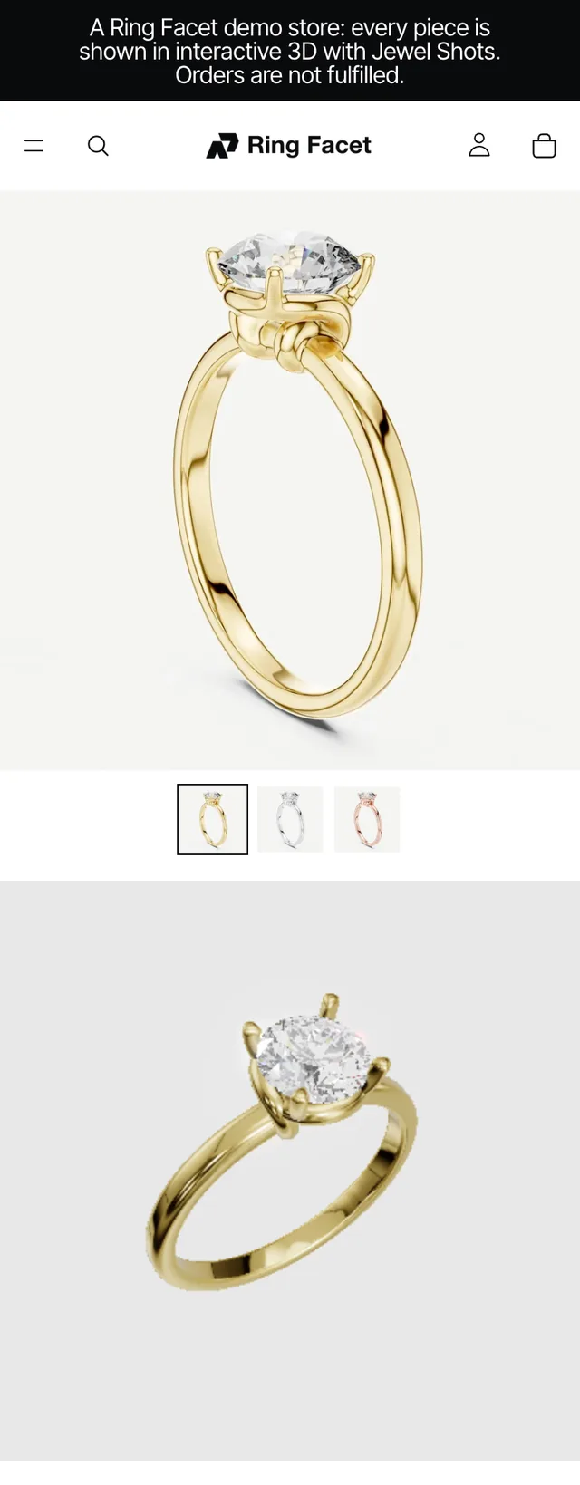 The Classic Round Solitaire product page on a phone: the yellow photo with thumbnails for the three metals, and the 3D model in its own box below