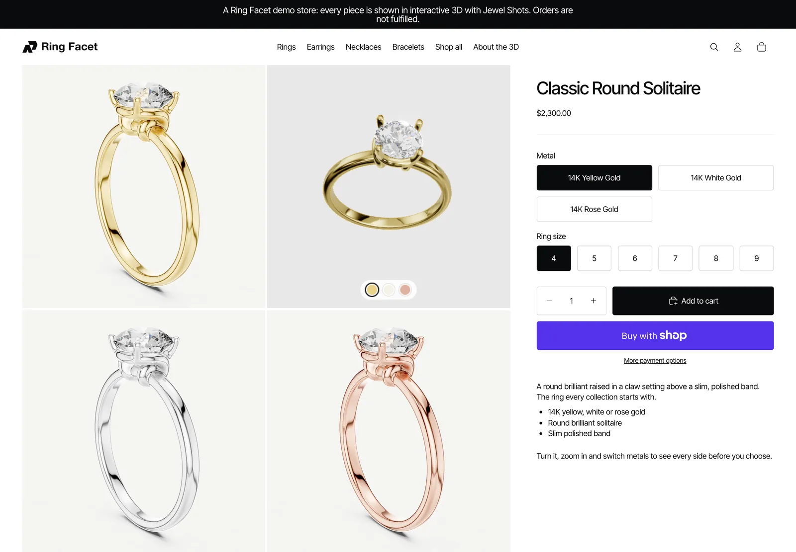 The Classic Round Solitaire product page on a desktop: a two-by-two gallery of the yellow photo, the 3D model, the white photo and the rose photo, next to the Metal and Ring size options