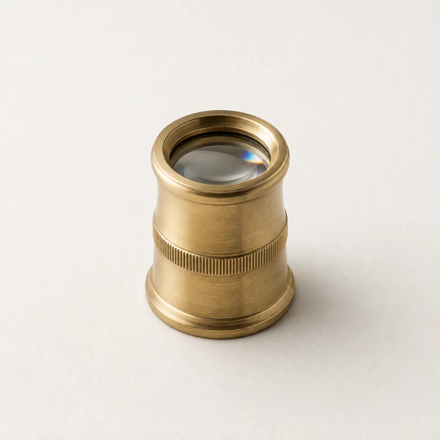 A brass jeweller's loupe standing upright, its lens catching a flash of spectral colour