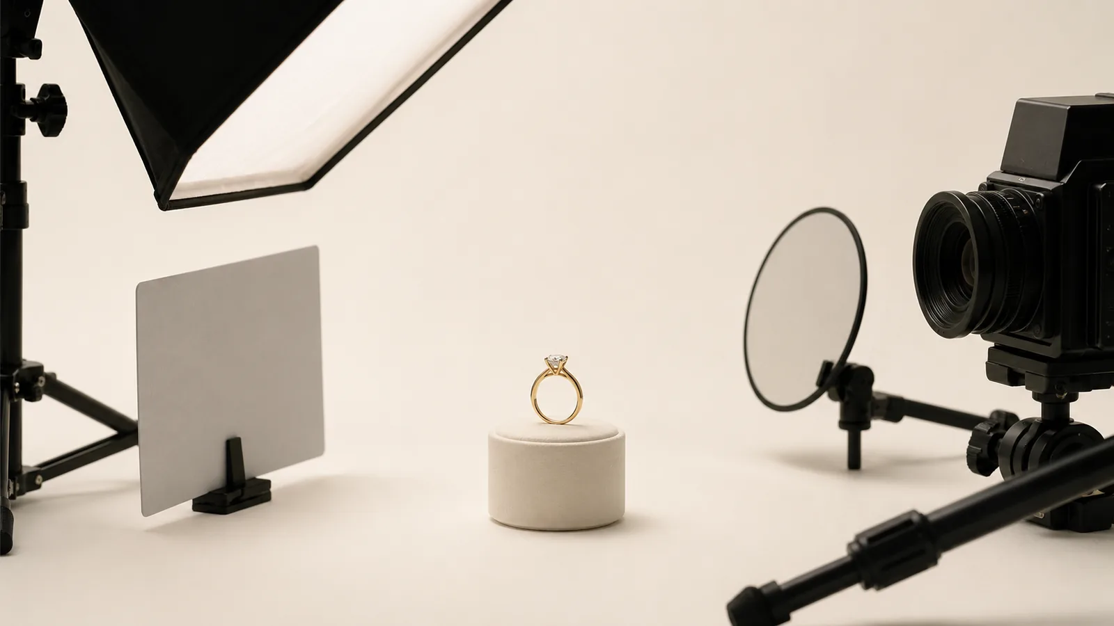 A single engagement ring on a stand surrounded by a softbox, a grey card, a reflector and a medium format camera