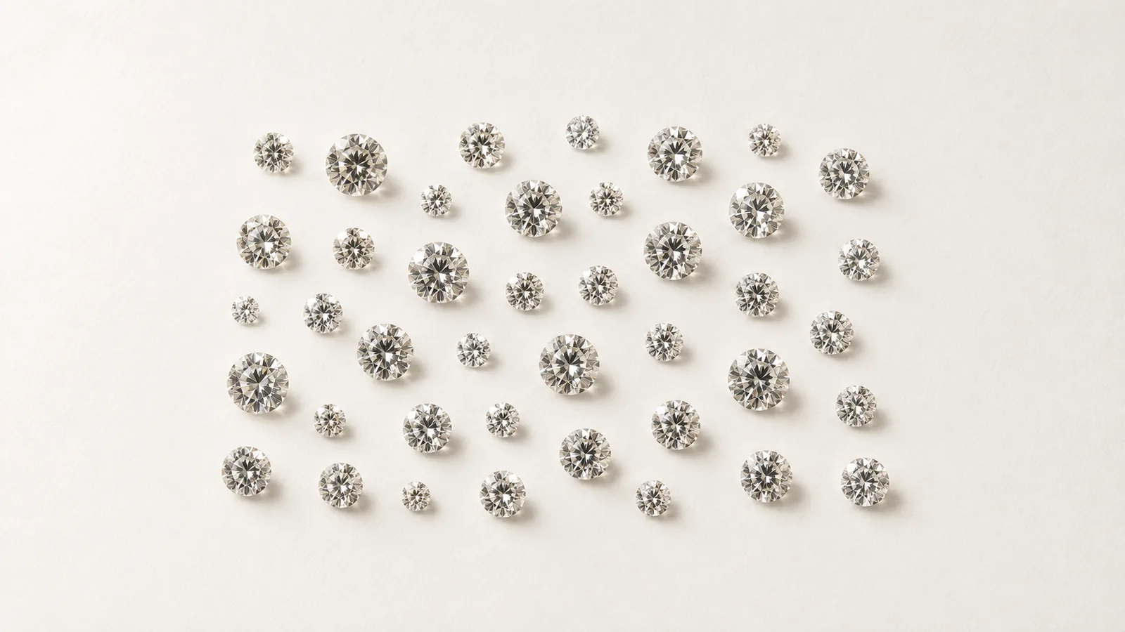 About forty loose round brilliant diamonds of varying sizes laid out in a loose grid