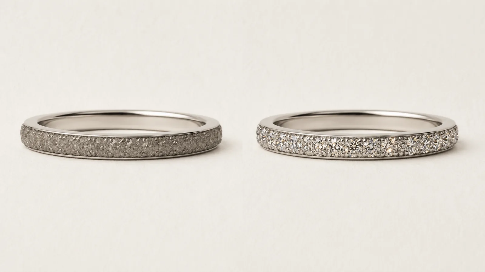 Two pave-set diamond bands side by side: the left band's stones read as a dull grey ridge, the right band's stones each catch light separately