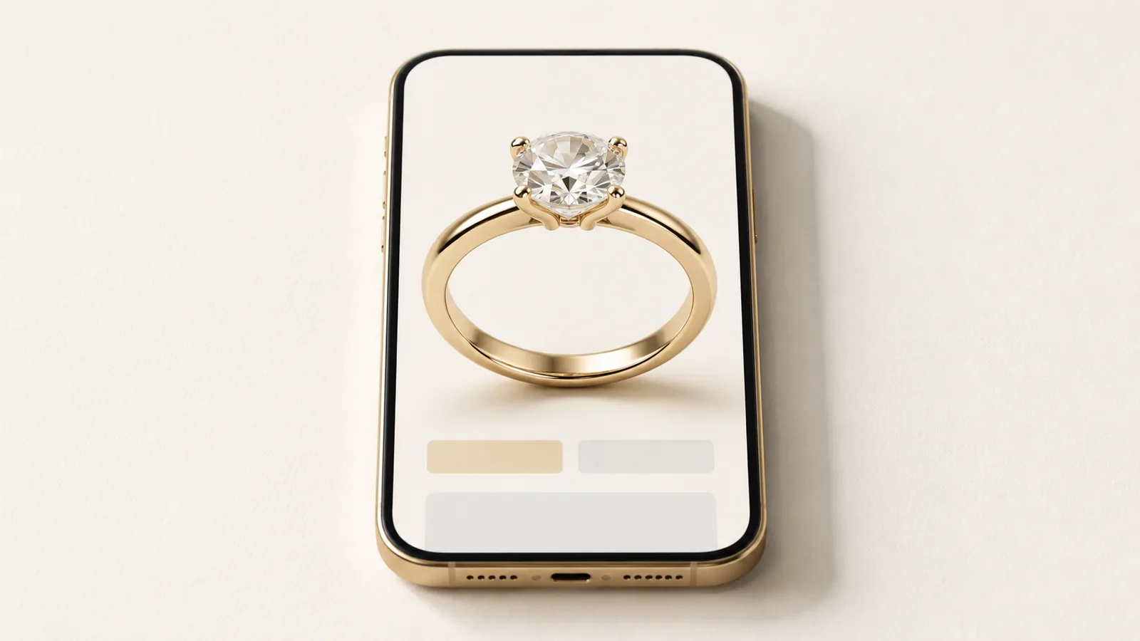 A smartphone lying flat, its screen showing a gold solitaire engagement ring above abstract selection controls