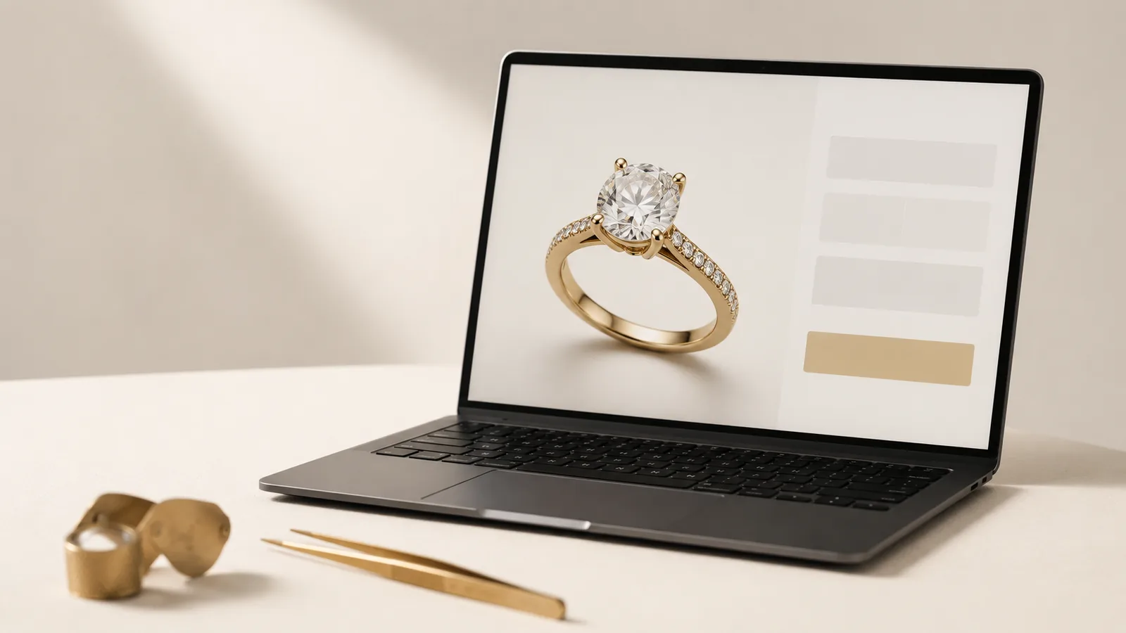 A laptop showing a gold pave engagement ring on screen, with gold tweezers resting on the desk in front of it