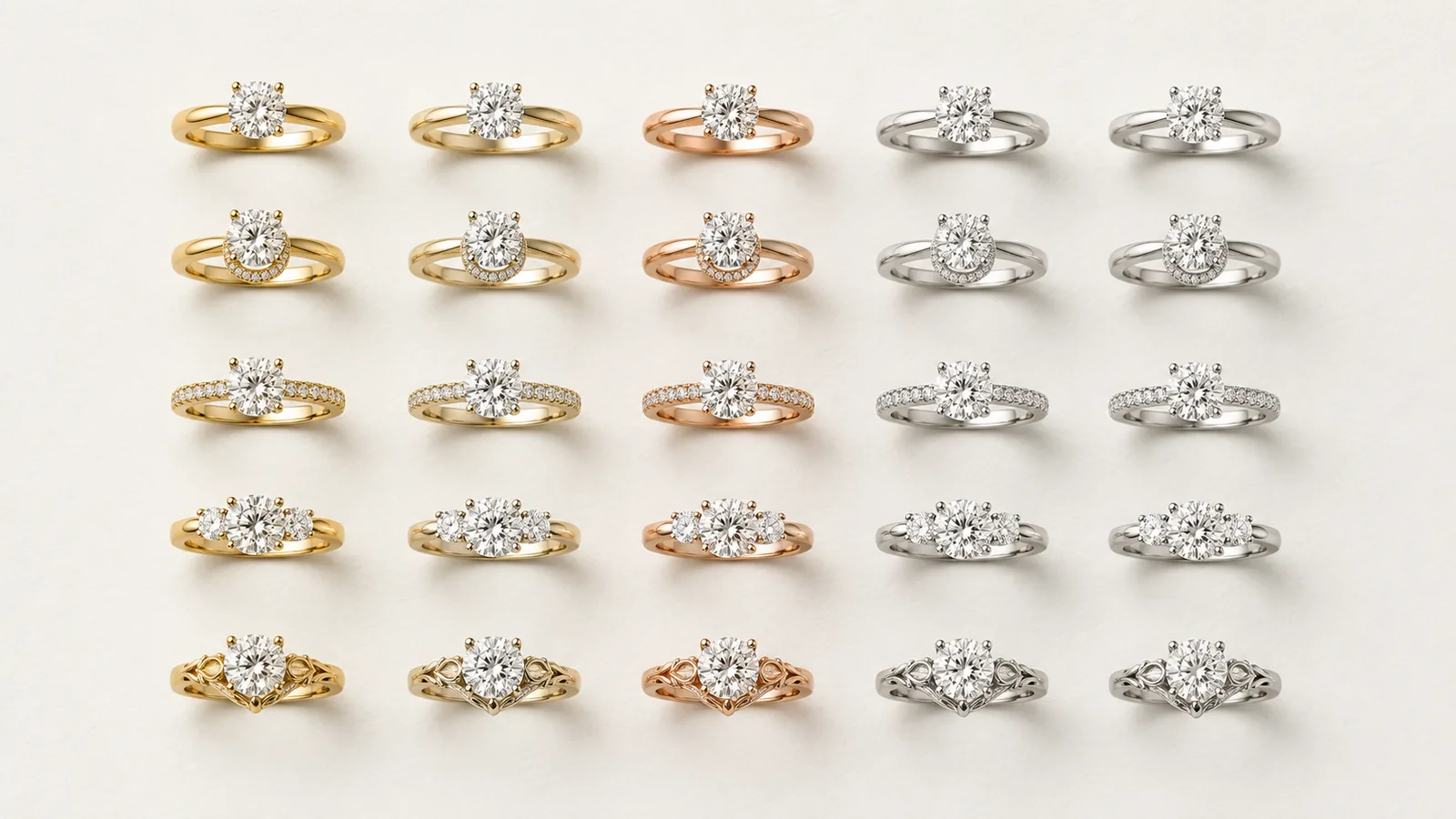 A five by five grid of engagement rings, the metal changing across the columns and the setting style down the rows